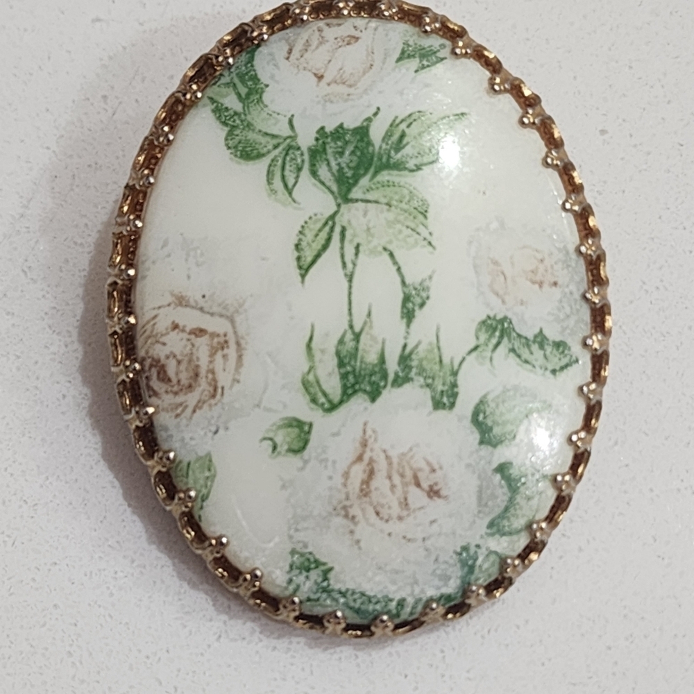 Vintage Gold Tone Handpainted Brooch White Roses EUC